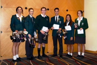 Year 12 Sportspeople of the year Grace Kukutai and Dale Pitout, Runners up Max White,Eddie Kennedy, Shee Nathan-Wong and joined by by Kalei Kennerley, Bray House Capt